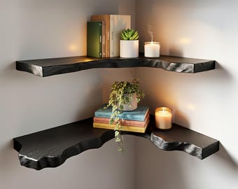 Live rand houten hoek drijvende plank handgemaakte zwevende nachtkastje zwarte plank sculptuur drijfhout wandmontage kunst plank meubels
