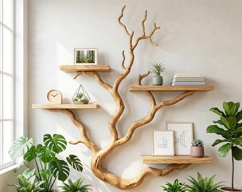 May include: A wall-mounted light wood shelf unit shaped like a tree branch with multiple flat horizontal surfaces. The shelves hold a framed forest photo, a round wooden clock, a geometric glass terrarium, books, and framed line art prints.