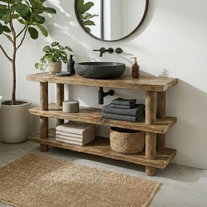 Puede incluir: Un mueble de baño de madera rústica de tres niveles, con un lavabo de piedra gris oscuro, un grifo de pared negro mate y un tubo de desagüe negro. Los estantes contienen pilas de toallas grises y beige, un recipiente redondo y una cesta.