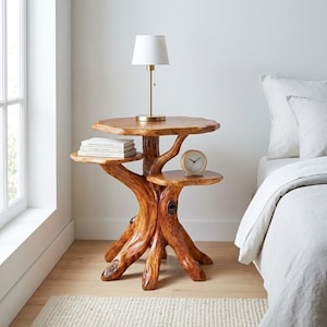 May include: A multi-tiered side table crafted from natural wood with a base shaped like a tree trunk and roots. The table features three distinct circular surfaces at varying heights, topped with a white lamp, a stack of books, and a round clock.