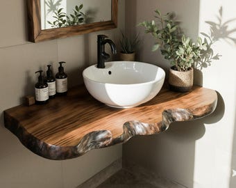 Live edge wood bathroom vanity countertop organizer bathroom shelves on wall handmade furniture