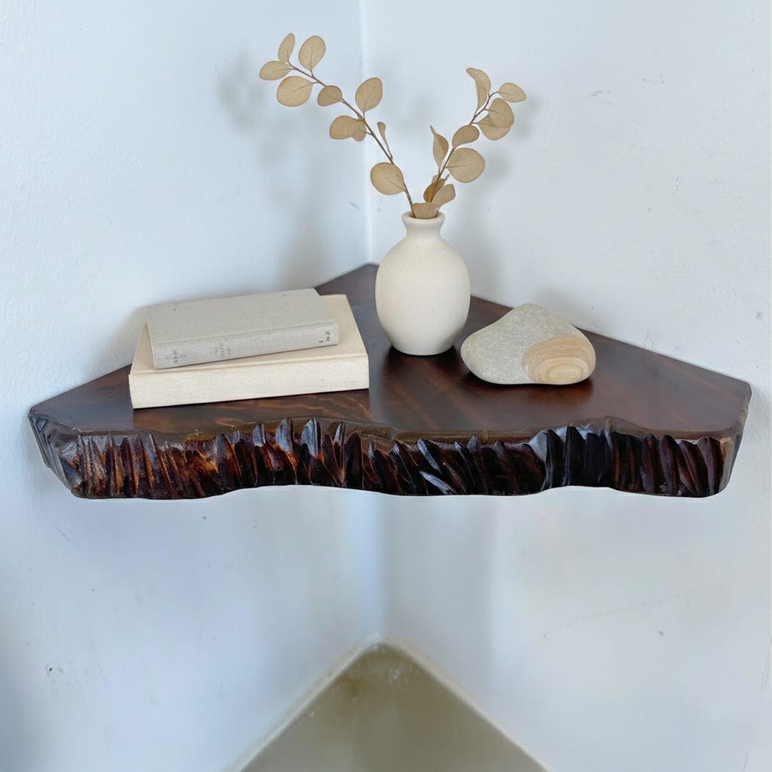 Corner Floating Wood Shelf Solid Wood Bookshelf Wall Mounted Live Edge ...