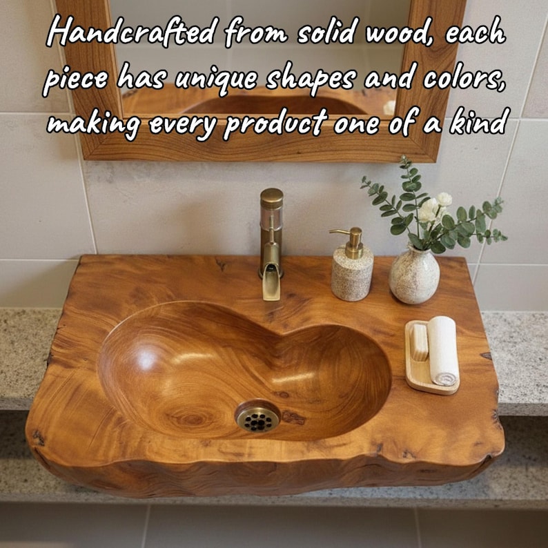 K&ouml;nnte beinhalten: Ein handgefertigtes Waschbecken aus Holz mit nat&uuml;rlicher Kante und einzigartigem Maserungsmuster. Das Waschbecken hat ein eingebautes Becken, einen Messingwasserhahn und einen kleinen Seifenspender. Der Text im Bild lautet: Handgefertigt aus massivem Holz, jedes St&uuml;ck hat einzigartige Formen und Farben, was jedes Produkt einzigartig macht.