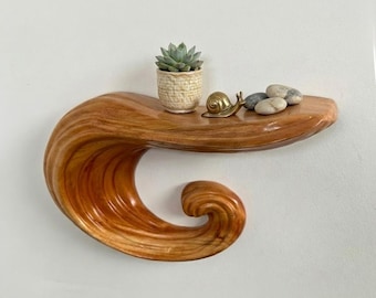 Estantería de pared única, escultura hecha a mano, estantes flotantes de madera maciza, estantería artística montada en la pared