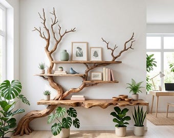 Tree branch tall corner shelf rustic floor bookshelf unique standing wood shelves  vintage bookcase