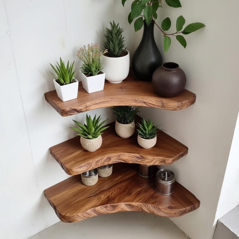 Op de afbeelding: Drie houten hoekplanken met natuurlijke randdetails zijn aan een witte muur bevestigd. De planken tonen kleine potplanten, een zwarte vaas en een bruine decoratieve vaas. De planken zijn gemaakt van donker hout.