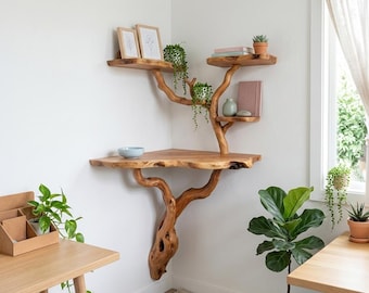 Tree branch corner wall shelf natural driftwood bookshelf decor rustic wood corner shelves art