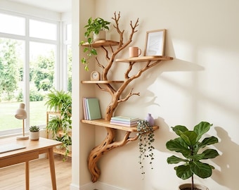 Boomtak hoek wandplank handgemaakte zwevende houten boekenplank rustieke display planken decor