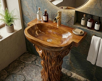 Einzigartige Holz Badezimmer Eitelkeit mit Waschbecken Stand Arbeitsplatte handgefertigte rustikale individuelle Waschbecken Dekor