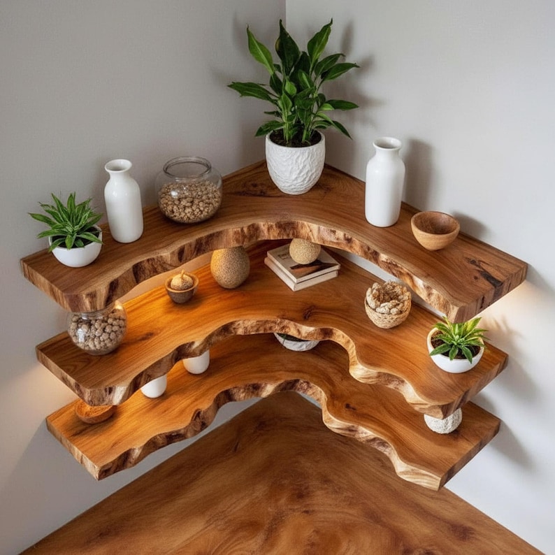 Op de afbeelding: Drie houten hoekplanken met een natuurlijk randontwerp. De planken zijn versierd met planten in witte potten, glazen potten en kleine kommen. De planken zijn gemaakt van warm getint hout. Ze zijn ontworpen voor een hoek.