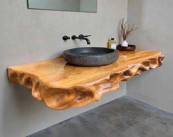 Live edge floating vanity sink shelf unique wavy countertop solid wood wall mounted shelves