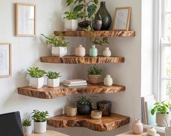 Hoekwand houten plank decor rustiek zwevende boekenplank met live-rand op maat gemaakte teruggewonnen houten planken