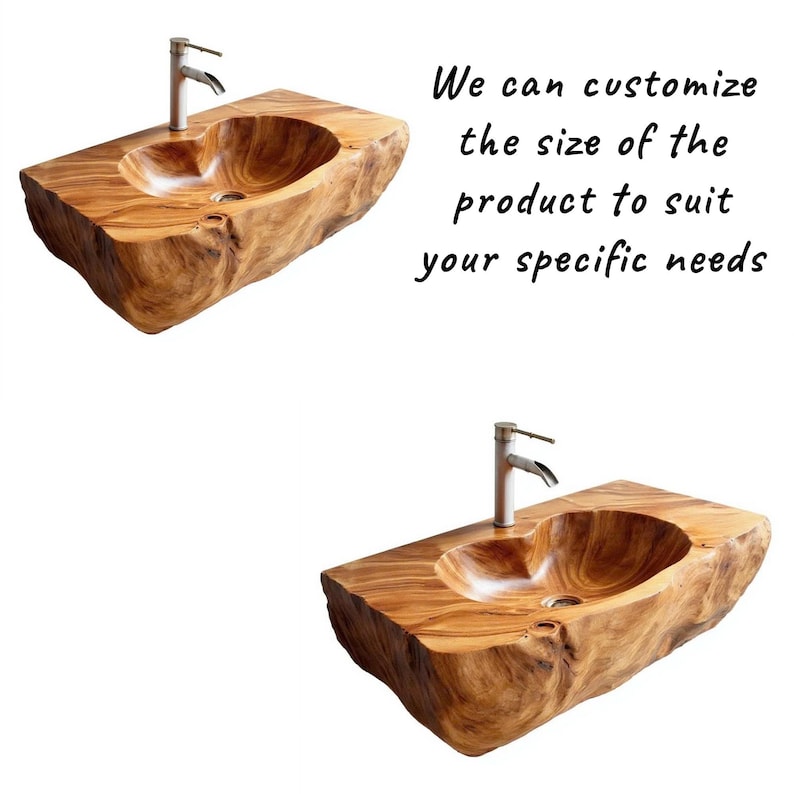K&ouml;nnte beinhalten: Zwei Badezimmerwaschbecken aus Holz mit einem nat&uuml;rlichen, rustikalen Design. Jedes Waschbecken hat ein geschnitztes Becken und eine silberne Armatur. Der Text im Bild lautet: "Wir k&ouml;nnen die Gr&ouml;&szlig;e des Produkts an Ihre spezifischen Bed&uuml;rfnisse anpassen."