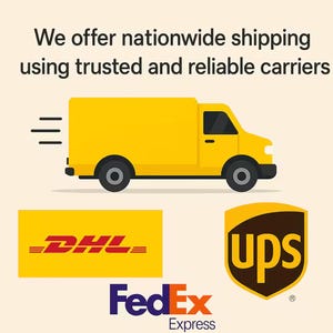 K&ouml;nnte beinhalten: Illustration eines gelben Lieferwagens mit schwarzen R&auml;dern und drei horizontalen Linien auf der linken Seite. Das Bild enth&auml;lt die Logos von DHL, FedEx Express und UPS mit dem Text "Wir bieten bundesweiten Versand mit zuverl&auml;ssigen Spediteuren."