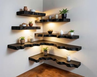 Zwarte zwevende hoekplank massief houten boekenplank wandplanken unieke boekenplanken op maat