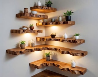 Live edge shelf solid wood floating corner shelves handcrafted carved sculpture driftwood wall mount floating shelf