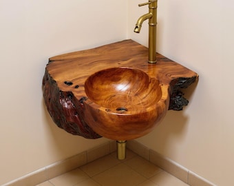 Solid wood bathroom sink corner live edge furniture wall mount sink faucet unique natural wood wash basin home art decor