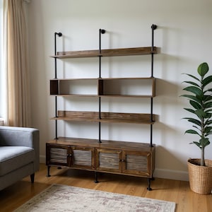 Industrial bookshelf bookcase solid wood live edge shelves on wall storage cabinet black pipe shelf rustic decor home art