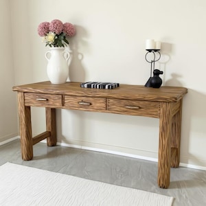 Tavolo da ingresso in legno massello di recupero con cassetti, supporto per monitor stretto, tavolo da ingresso, mobili in legno rustico