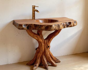 Solid wood bathroom vanity stand live edge sink shelf rustic wood countertop handcrafted bathroom sink custom live edge tabletop