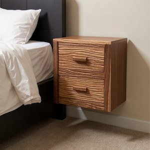 Floating nightstand solid wood bedside table wall mount wanut shelf on wall unique handmade furniture decor art