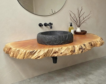Natural wood bathroom vanity driftwood carving live edge shelves on wall farmhouse vanity handmade furniture