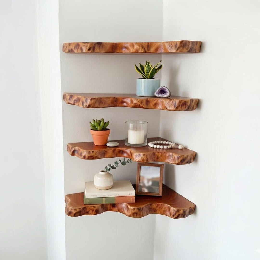 Handcrafted Shelf Live Edge Corner Floating Wood Shelf on Wall Bookshelf Handcrafted ...