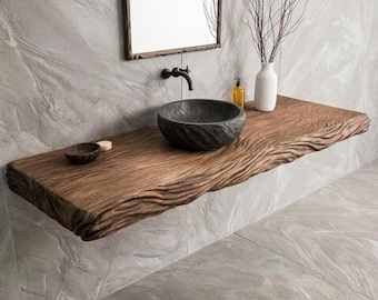 Solid driftwood vanity floating shelf wood scupltured live edge bathroom sink shelving wall mount vanity rustic furniture