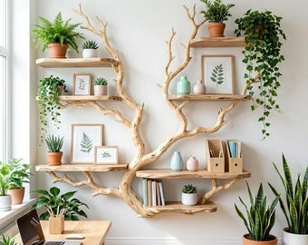 May include: A wall-mounted shelving unit shaped like a tree with natural wood branches and flat shelves. The shelves hold various potted green plants, framed botanical prints, small ceramic vases, and books, creating a display of home decor.