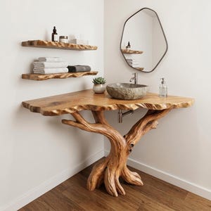 Op de afbeelding: Een badkamermeubel met een houten blad met natuurlijke rand, ondersteund door een boomstamvoet. Het bevat een stenen waskom, een chromen kraan, twee bijpassende wandplanken met handdoeken en toiletartikelen, en een onregelmatig gevormde spiegel.