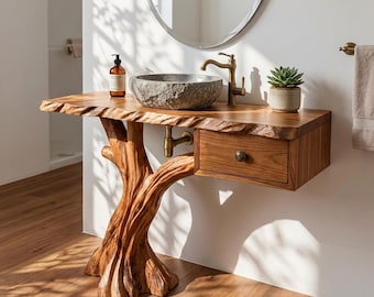 Live edge bathroom vanity stand with drawer storage unique solid wood floating narrow side table decor bathroom