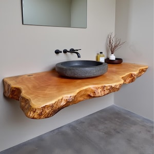 Holz Badezimmer Eitelkeit rustikalen schwimmenden Waschtisch lebendige Kante Möbel Badezimmer Waschbecken Regal Massivholz einzigartige Dekoration