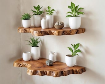 Mensola sospesa con bordo vivo, libreria da parete in legno massello, mensole espositive, decorazioni artistiche per il soggiorno