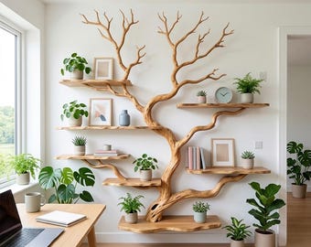 May include: A wall-mounted wooden shelving unit shaped like a tree with multiple branches serving as shelves. The shelves hold various potted green plants, framed pictures, a small blue vase, a round clock, and a stack of books in a bright room.