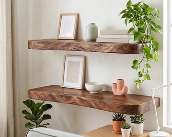 Set of 2 floating bedside shelf live edge long wall mount shelves custom solid wood bookshelf