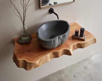 Live edge wood bathroom vanity shelf on wall rustic countertop organizer handmade sink vanity decor home art