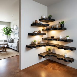 K&ouml;nnte beinhalten: Moderne Eckregale mit Holzregalen mit lebendigen Kanten. Die Regale sind dunkelbraun gebeizt und mit warmer Beleuchtung versehen. Kleine Topfpflanzen und dekorative Gegenst&auml;nde werden auf den Regalen ausgestellt und schaffen einen stilvollen Wohnakzent.