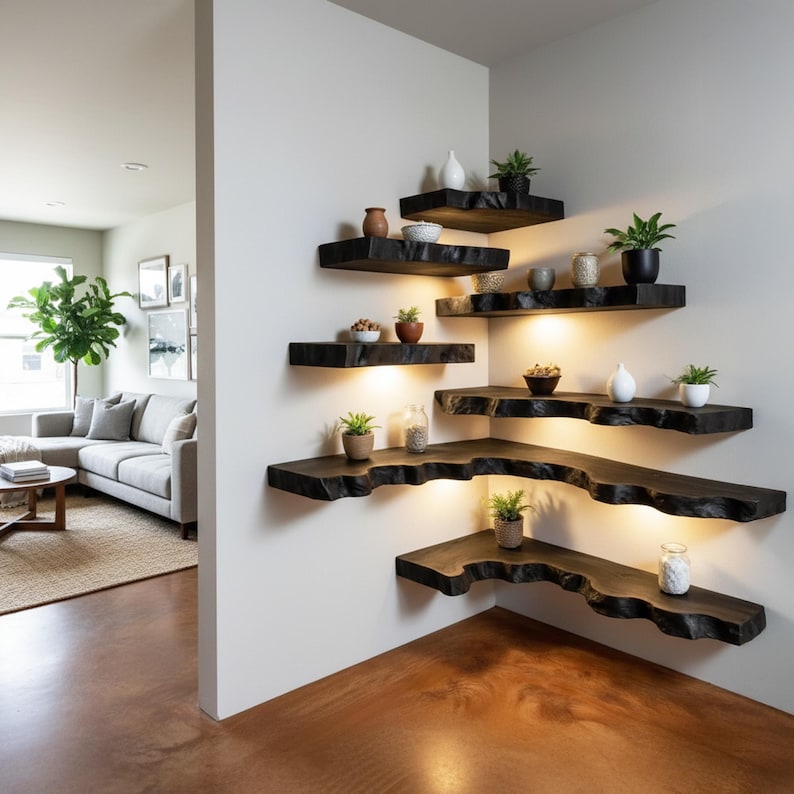 K&ouml;nnte beinhalten: Moderne Eckregale mit Holzregalen mit lebendigen Kanten. Die Regale sind dunkelbraun gebeizt und mit warmer Beleuchtung versehen. Kleine Topfpflanzen und dekorative Gegenst&auml;nde werden auf den Regalen ausgestellt und schaffen einen stilvollen Wohnakzent.