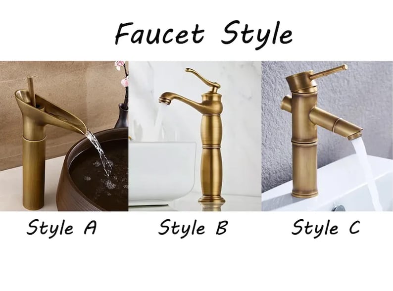 K&ouml;nnte beinhalten: Das Bild zeigt drei antike Messing-Wasserhahnstile: Stil A mit einem Wasserfallauslauf, Stil B mit einem gebogenen Auslauf und Stil C mit einem bambusartigen Design. Der Text "Faucet Style" und die Stilnamen sind ebenfalls sichtbar.