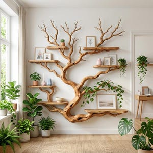 May include: A unique wooden tree-shaped wall shelf with multiple platforms for displaying decor. The natural wood finish complements the various potted plants and framed artwork. The shelf is mounted on a white wall, creating a focal point in the room.