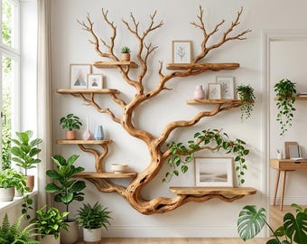 Tree driftwood branch floating bookshelf art entryway decorative shelf rustic wall mount wood shelves