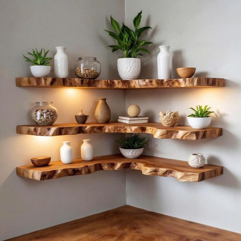 Op de afbeelding: Drie verdiepingen tellende houten hoekplanken met details van de ruwe rand. De planken tonen diverse decoratieve items, waaronder kleine potplanten, witte vazen, glazen potten en houten kommen. Warme verlichting verlicht de planken.