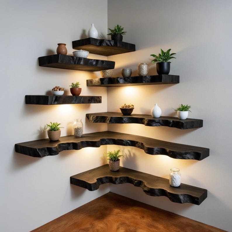 K&ouml;nnte beinhalten: Dunkle Eckregale aus Holz mit einem naturbelassenen Rand. Die Regale sind versetzt angeordnet und mit warmer Beleuchtung versehen. Kleine Topfpflanzen und dekorative Gegenst&auml;nde sind auf den Regalen ausgestellt.