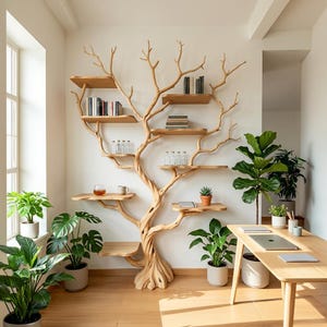 Op de afbeelding: Een wandgemonteerde houten boekenplank in de vorm van een boom met meerdere takken die als planken dienen. De lichtgekleurde houten structuur bevat diverse boeken, kleine glazen flesjes en een plant in een pot tegen een witte muur.