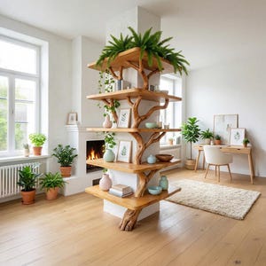 Op de afbeelding: Een kamerhoog houten rek gebouwd rond een centrale witte pilaar, met vijf horizontale planken ondersteund door natuurlijke boomachtige takken. De planken bevatten diverse keramische vazen, boeken en ingelijste botanische prenten.
