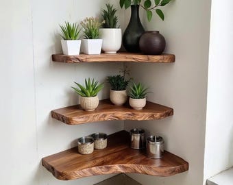 Live edge wood floating corner shelf custom driftwood wall mounted floating shelves handcrafted carved solid wood bookcase