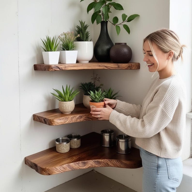 Op de afbeelding: Drie houten hoekplanken met natuurlijke randen zijn aan een witte muur bevestigd. De planken tonen diverse potplanten, waaronder vetplanten en kleine bomen, samen met decoratieve vazen en metalen containers. Een vrouw houdt een kleine potplant vast.
