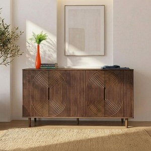 Mobile contenitore in legno massello con cassetto, credenza in noce stile metà secolo, consolle moderna in legno intagliato