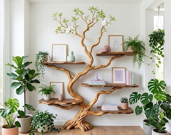 May include: A floor-to-ceiling wooden shelving unit shaped like a tree with branches extending into five flat shelves. The shelves hold framed art, books, and small potted plants. Potted houseplants surround the base of the tree structure.