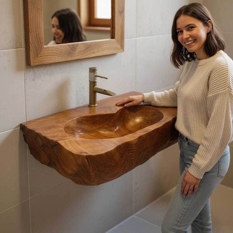 K&ouml;nnte beinhalten: Handgefertigtes Badezimmerwaschbecken aus Holz mit nat&uuml;rlicher Kante. Das Waschbecken hat ein geformtes Becken und ist an einer Wand montiert. Ein goldfarbener Wasserhahn ist am Waschbecken installiert. Ein Holzrahmen-Spiegel ist an der Wand &uuml;ber dem Waschbecken montiert.